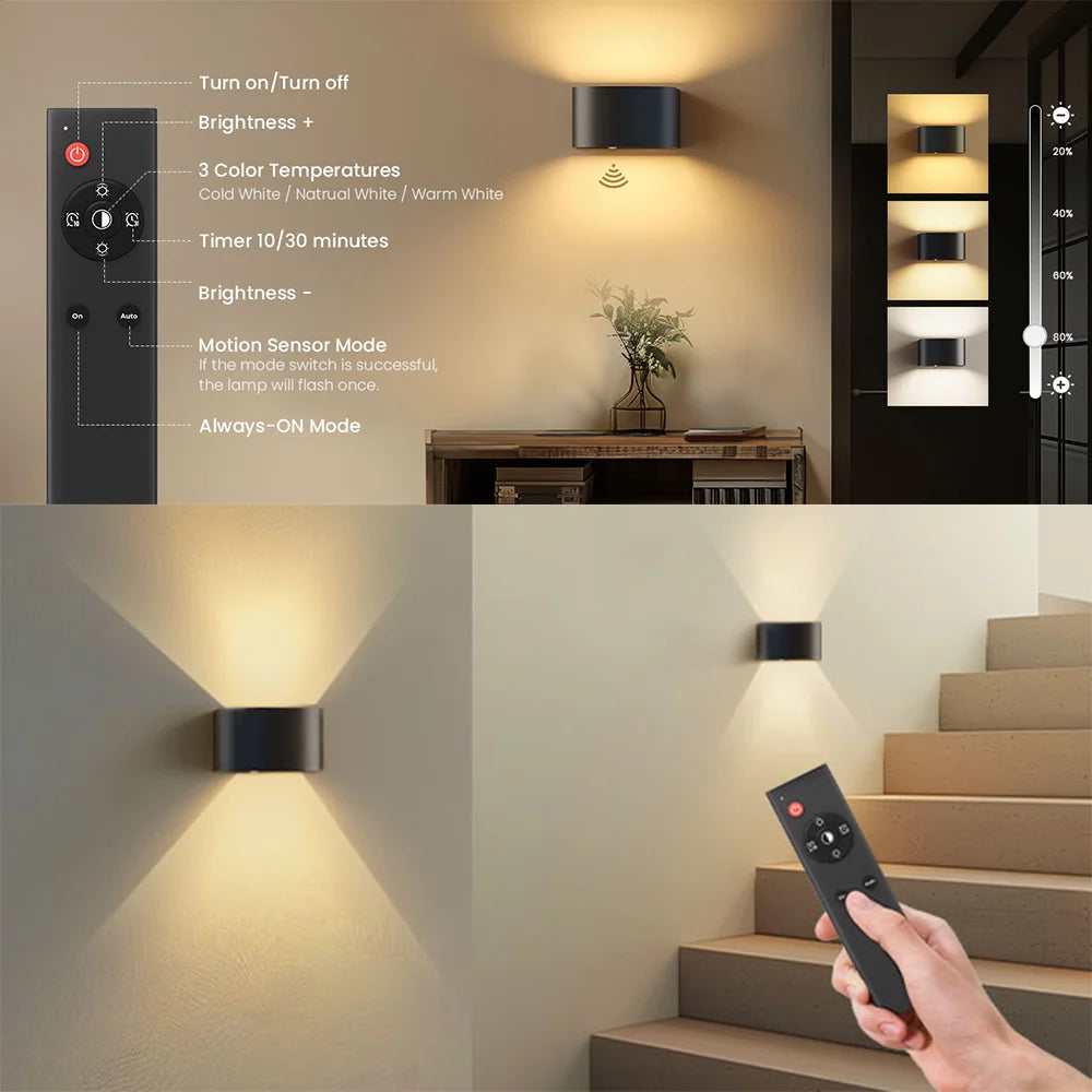 2PCS Up And Down Indoor Wall Lamp With Motion Sensor LED 3 Colors Wireless Wall Lamp 4000mAh Rechargeable With Remote Control