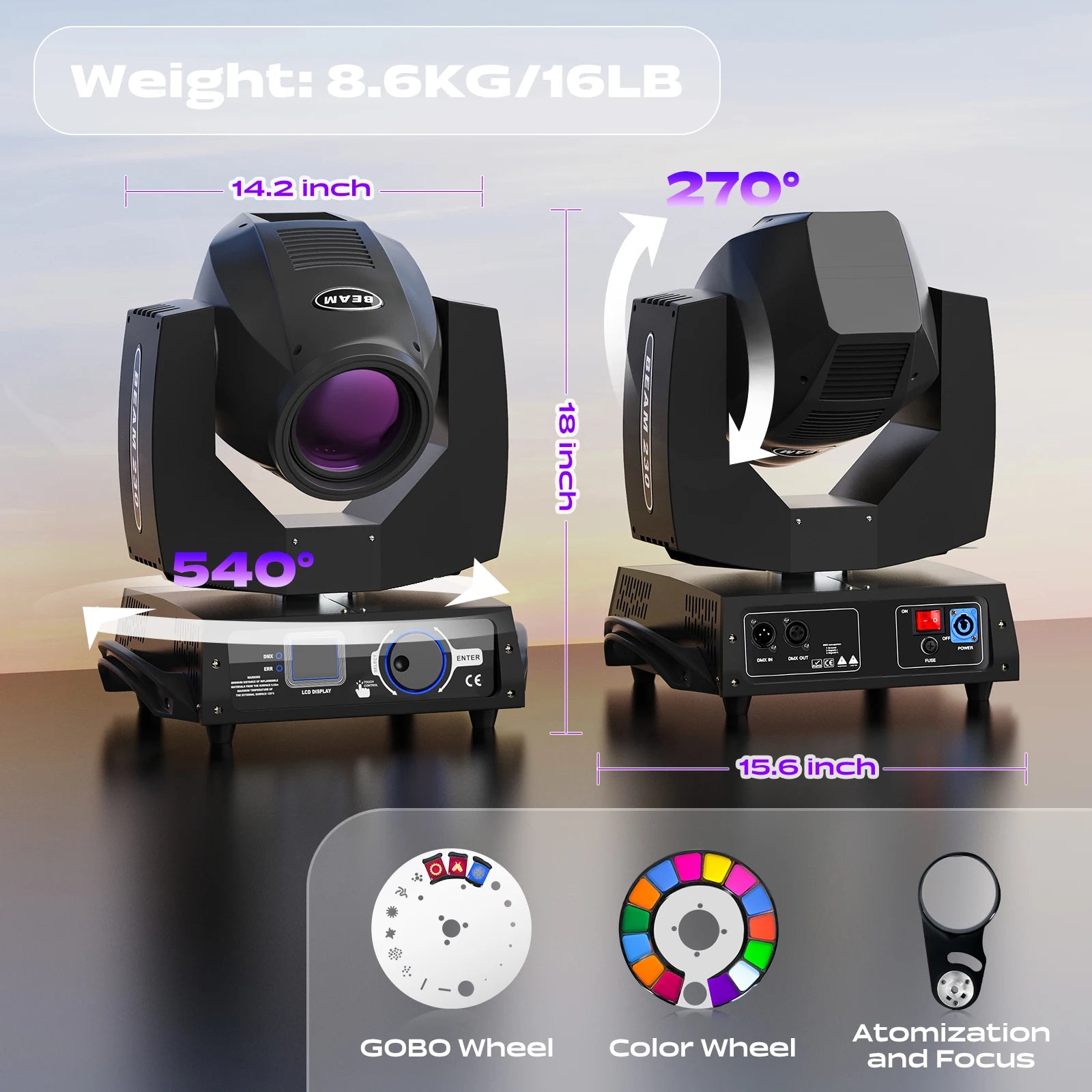 LeLeght 230W High Brightness Beam Light RGBW Gobo Rotating Light DMX512 Moving Head Lighting for DJ Party Bar Disco Dance