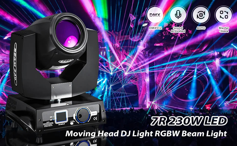 LeLeght 230W High Brightness Beam Light RGBW Gobo Rotating Light DMX512 Moving Head Lighting for DJ Party Bar Disco Dance