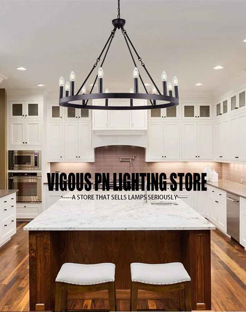 Retro Industrial Iron Round Black Living Room Chandelier Metallic Hanging Living Room Cafe Decoration Suspend Eld Pendant Lamp
