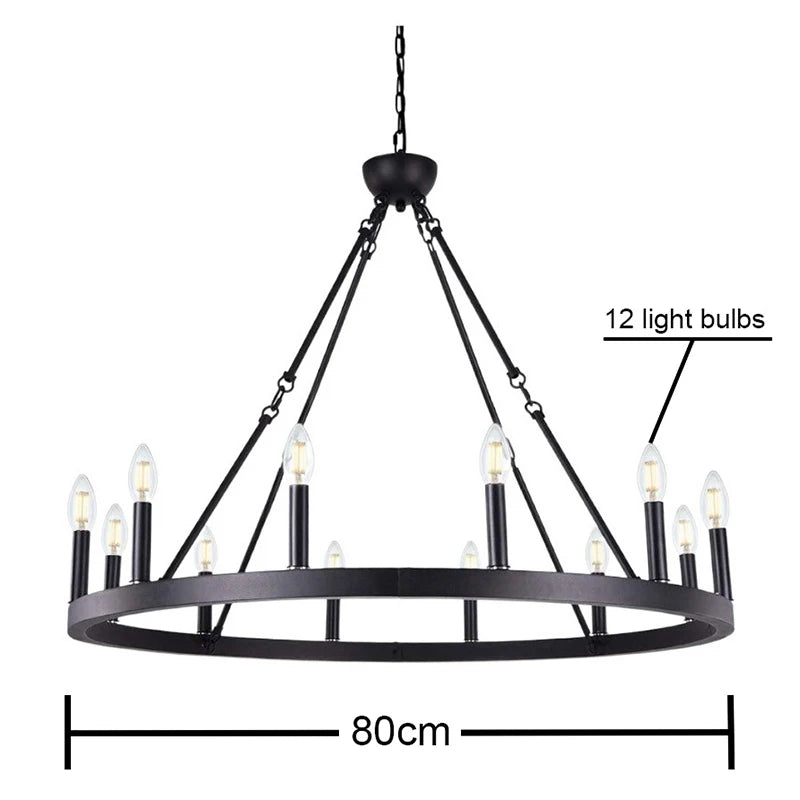 Retro Industrial Iron Round Black Living Room Chandelier Metallic Hanging Living Room Cafe Decoration Suspend Eld Pendant Lamp