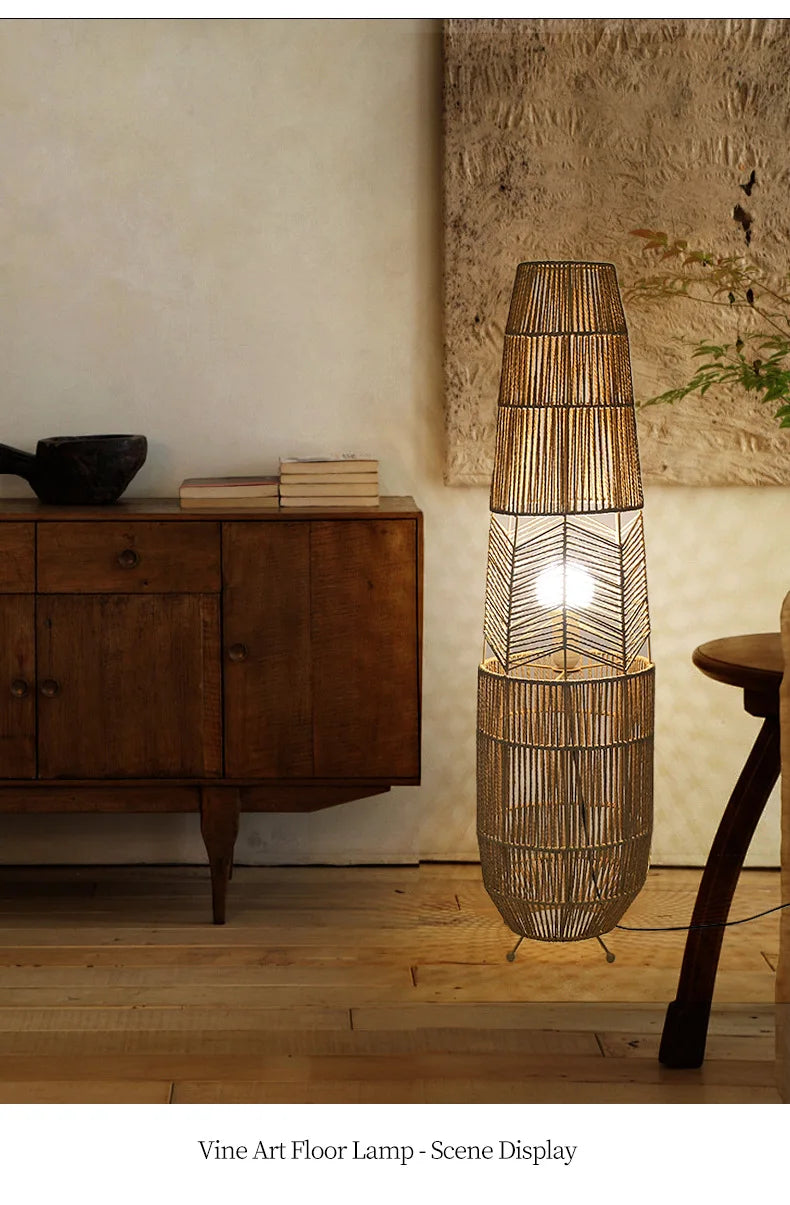 Vinatge Wicker Floor Lamp Retro Hemp Rope Lamp For Living Room Corner Bedroom Teahouse Decor LED Bedside Rattan Standing Lamp