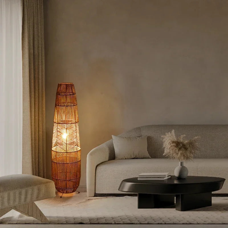 Vinatge Wicker Floor Lamp Retro Hemp Rope Lamp For Living Room Corner Bedroom Teahouse Decor LED Bedside Rattan Standing Lamp