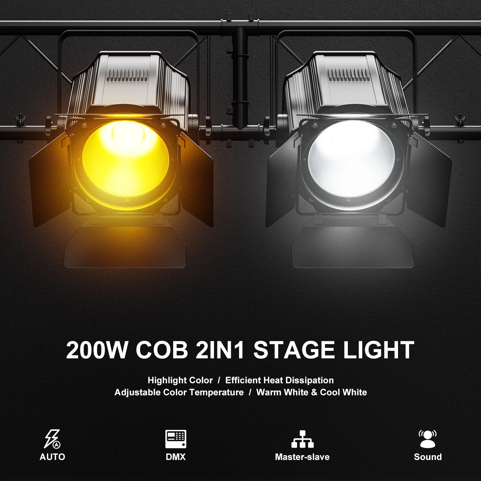 Yiflamefly 200W COB Par Lights Linear Spotlights With Barn Door Warm&Cold White Stage Lights DMX512 DJ Lights For Party Concert
