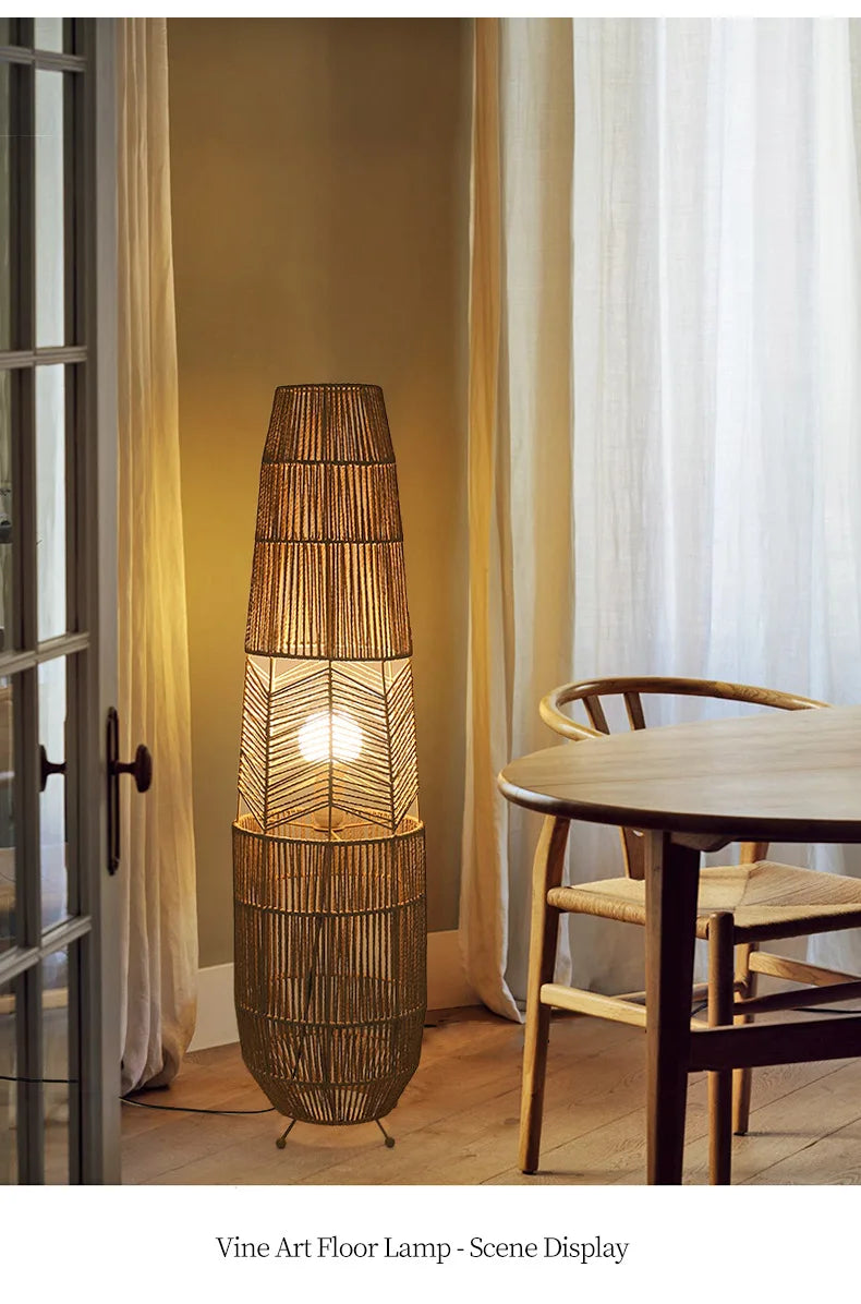 Vinatge Wicker Floor Lamp Retro Hemp Rope Lamp For Living Room Corner Bedroom Teahouse Decor LED Bedside Rattan Standing Lamp