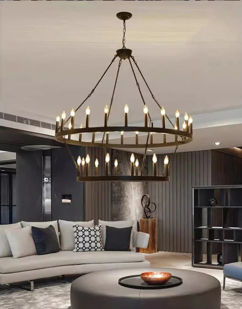 Retro Industrial Iron Round Black Living Room Chandelier Metallic Hanging Living Room Cafe Decoration Suspend Eld Pendant Lamp