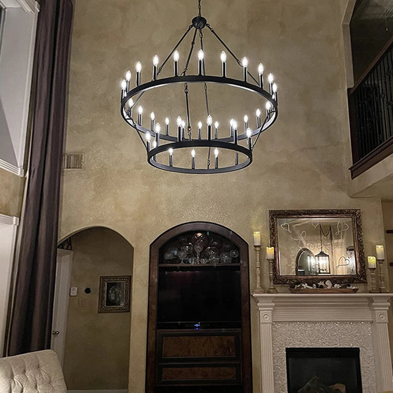Retro Industrial Iron Round Black Living Room Chandelier Metallic Hanging Living Room Cafe Decoration Suspend Eld Pendant Lamp