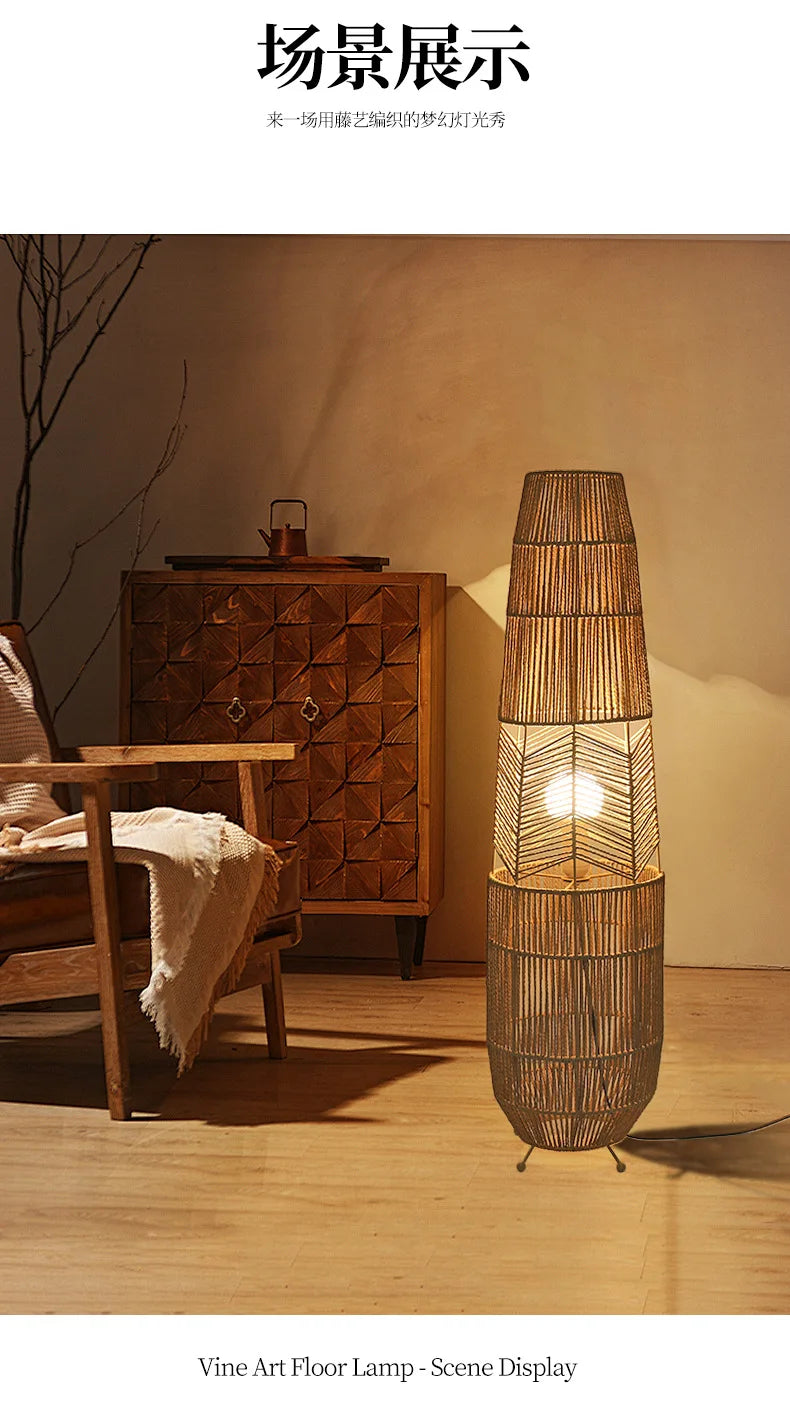 Vinatge Wicker Floor Lamp Retro Hemp Rope Lamp For Living Room Corner Bedroom Teahouse Decor LED Bedside Rattan Standing Lamp