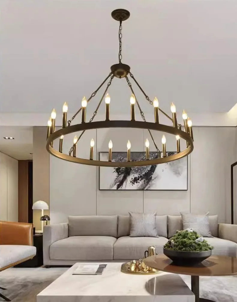 Retro Industrial Iron Round Black Living Room Chandelier Metallic Hanging Living Room Cafe Decoration Suspend Eld Pendant Lamp