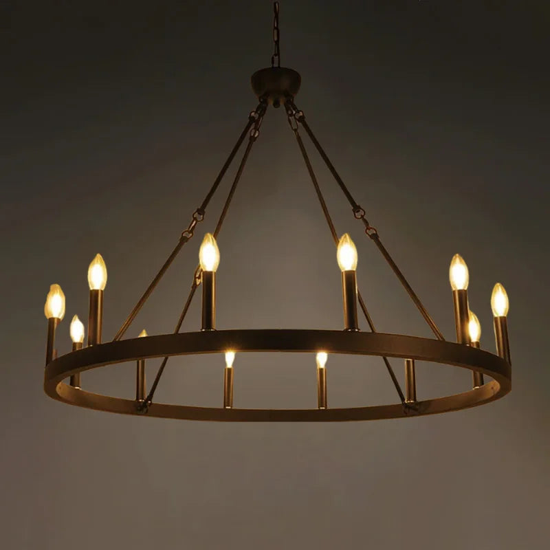 Retro Industrial Iron Round Black Living Room Chandelier Metallic Hanging Living Room Cafe Decoration Suspend Eld Pendant Lamp