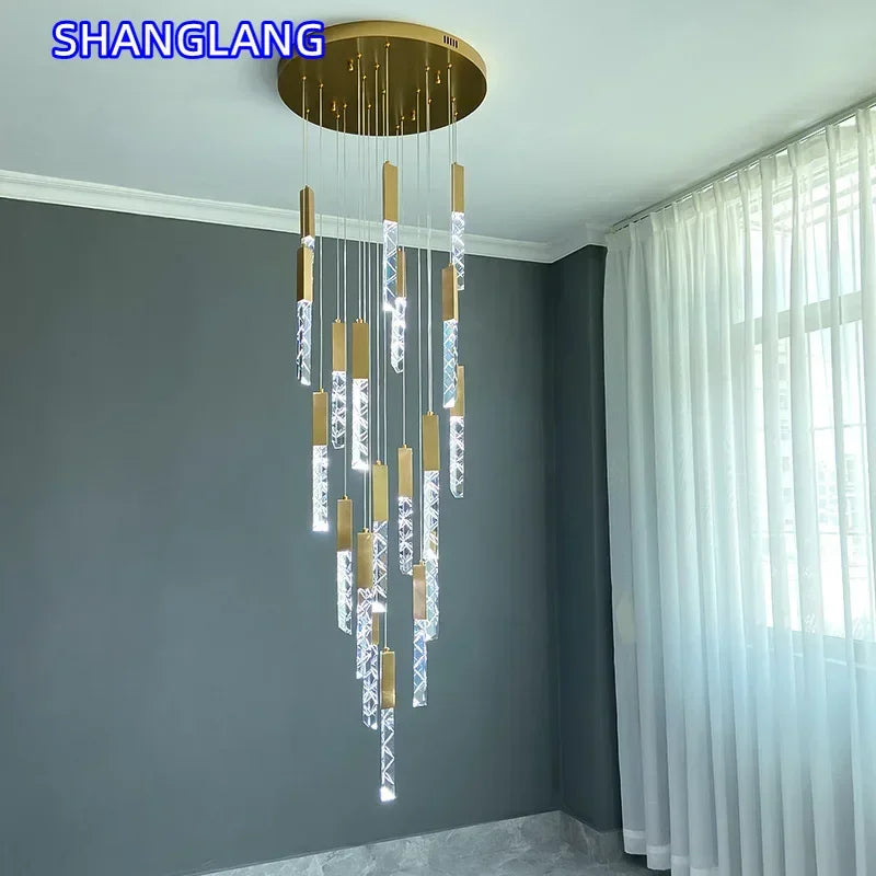 Luxury Led Pendant Lamp Modern Loft K9 Crystal Ceiling Chandelier Gold Duplex Staircase Living Room Decor Hotel Hanging Light