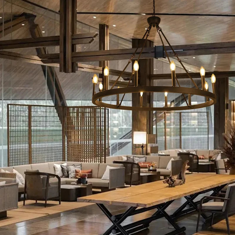 Retro Industrial Iron Round Black Living Room Chandelier Metallic Hanging Living Room Cafe Decoration Suspend Eld Pendant Lamp