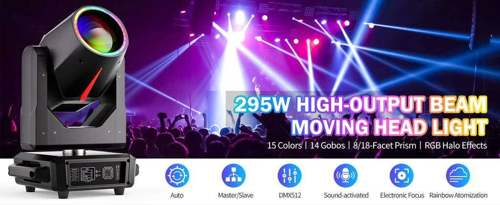 U'King 295W 14R HID Beam Moving Head Light 8/18 Prism Gobo Zoom  Rainbow Effect Stage Light DMX512 DJ Lights For Xmas Party KTV