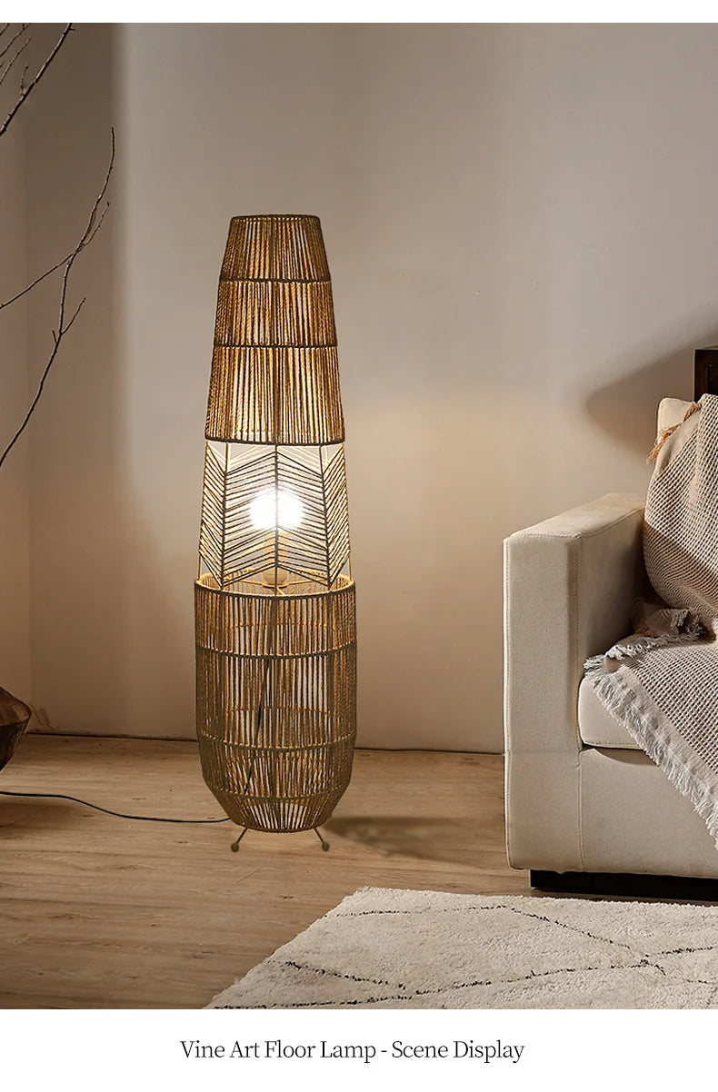 Vinatge Wicker Floor Lamp Retro Hemp Rope Lamp For Living Room Corner Bedroom Teahouse Decor LED Bedside Rattan Standing Lamp