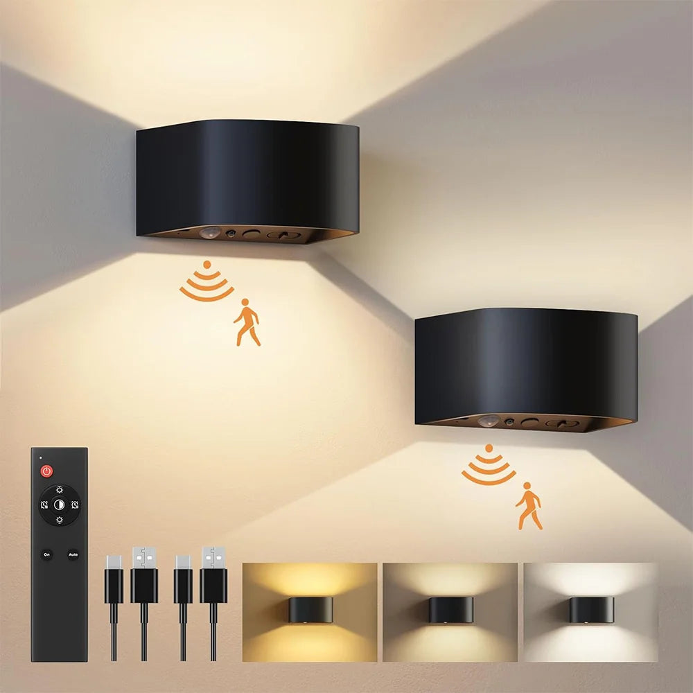 2PCS Up And Down Indoor Wall Lamp With Motion Sensor LED 3 Colors Wireless Wall Lamp 4000mAh Rechargeable With Remote Control