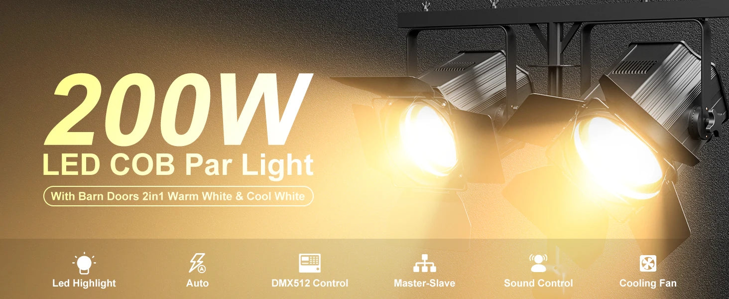 Yiflamefly 200W COB Par Lights Linear Spotlights With Barn Door Warm&Cold White Stage Lights DMX512 DJ Lights For Party Concert