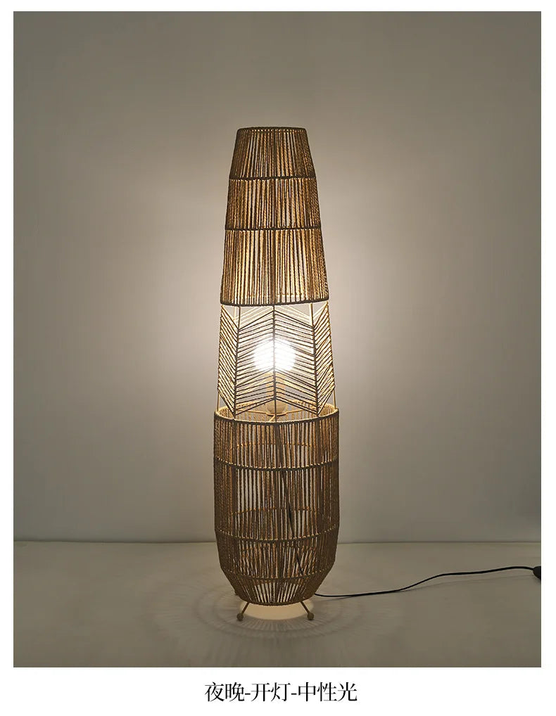 Vinatge Wicker Floor Lamp Retro Hemp Rope Lamp For Living Room Corner Bedroom Teahouse Decor LED Bedside Rattan Standing Lamp