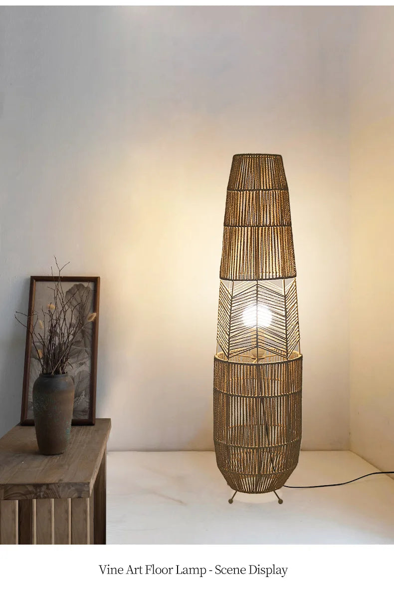 Vinatge Wicker Floor Lamp Retro Hemp Rope Lamp For Living Room Corner Bedroom Teahouse Decor LED Bedside Rattan Standing Lamp