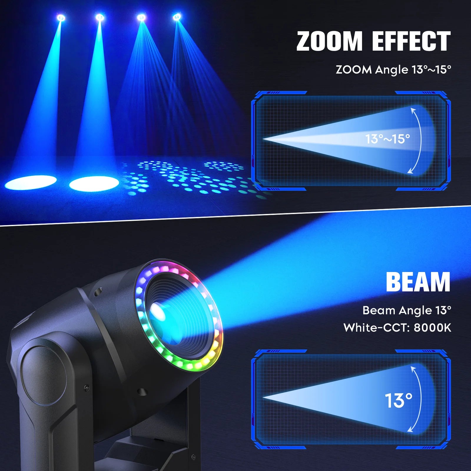 U'King Mini 150W Moving Head DJ Light With Strip 7GOBO 7Color 3Prism RGBW LED Stage Lights DMX512 For DJ Disco Wedding Party Bar