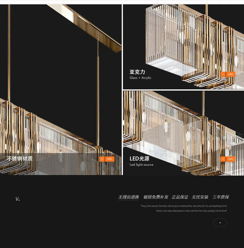 American Modern Luxury Steel Led Pendant Lights Dining Room Gold Lustre Straight Hanging Lamp Deco Indoor Lighting Fixtures Lamp