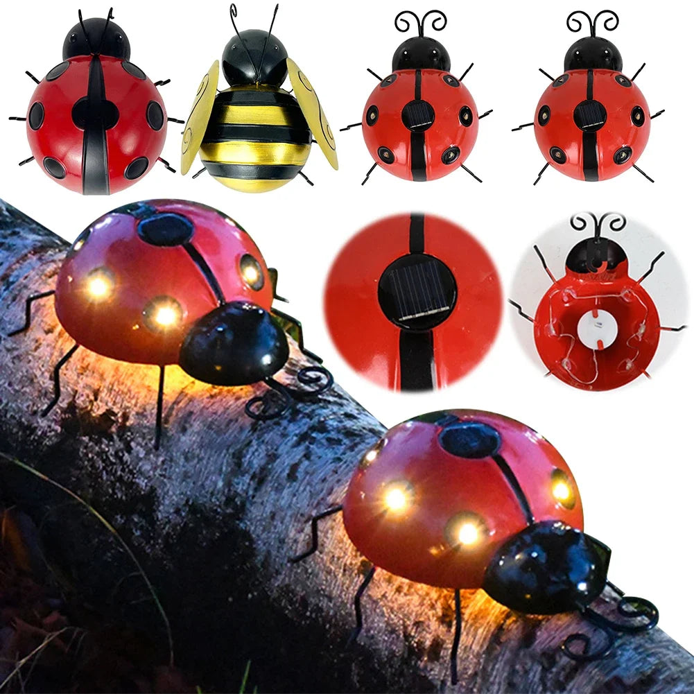 1Pcs Ladybug Ornament IP65 Waterproof Lifelike Metal Ladybug Outdoor Hanging Beetle Solar Light Front Porch Backyard Decoration