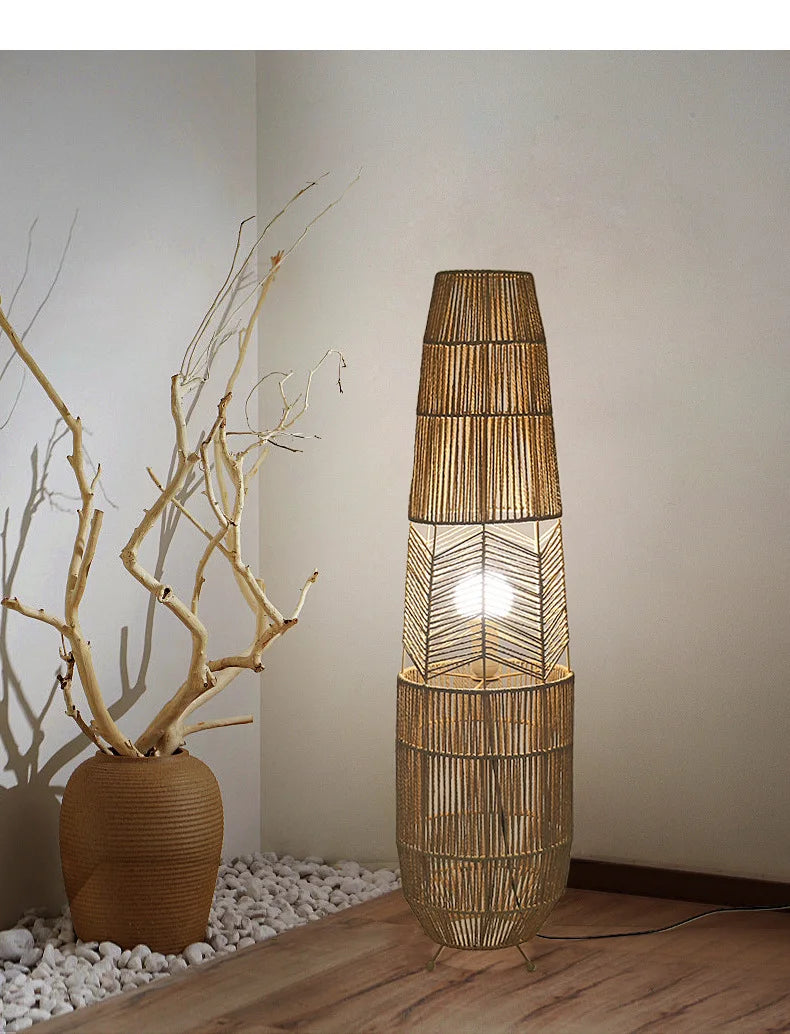 Vinatge Wicker Floor Lamp Retro Hemp Rope Lamp For Living Room Corner Bedroom Teahouse Decor LED Bedside Rattan Standing Lamp