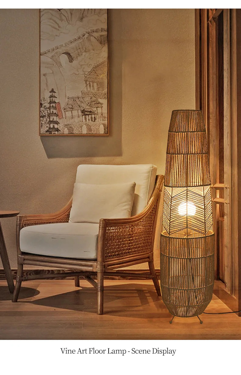 Vinatge Wicker Floor Lamp Retro Hemp Rope Lamp For Living Room Corner Bedroom Teahouse Decor LED Bedside Rattan Standing Lamp