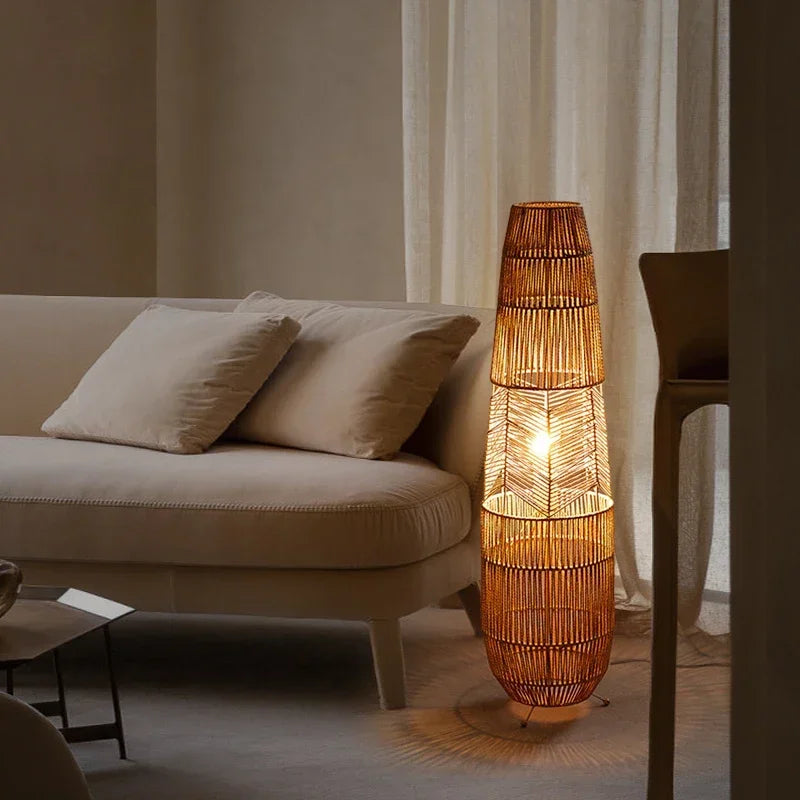 Vinatge Wicker Floor Lamp Retro Hemp Rope Lamp For Living Room Corner Bedroom Teahouse Decor LED Bedside Rattan Standing Lamp