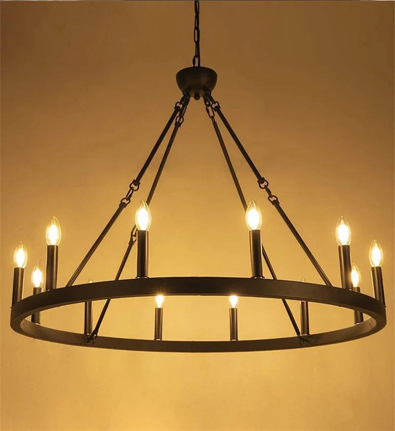 Retro Industrial Iron Round Black Living Room Chandelier Metallic Hanging Living Room Cafe Decoration Suspend Eld Pendant Lamp