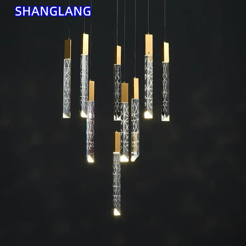 Luxury Led Pendant Lamp Modern Loft K9 Crystal Ceiling Chandelier Gold Duplex Staircase Living Room Decor Hotel Hanging Light