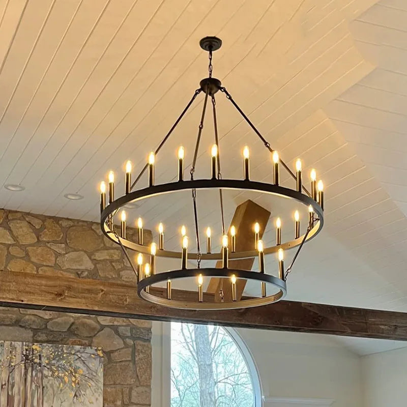 Retro Industrial Iron Round Black Living Room Chandelier Metallic Hanging Living Room Cafe Decoration Suspend Eld Pendant Lamp