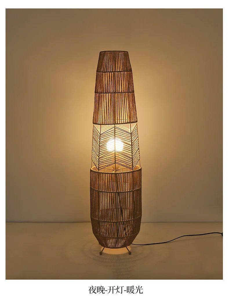 Vinatge Wicker Floor Lamp Retro Hemp Rope Lamp For Living Room Corner Bedroom Teahouse Decor LED Bedside Rattan Standing Lamp