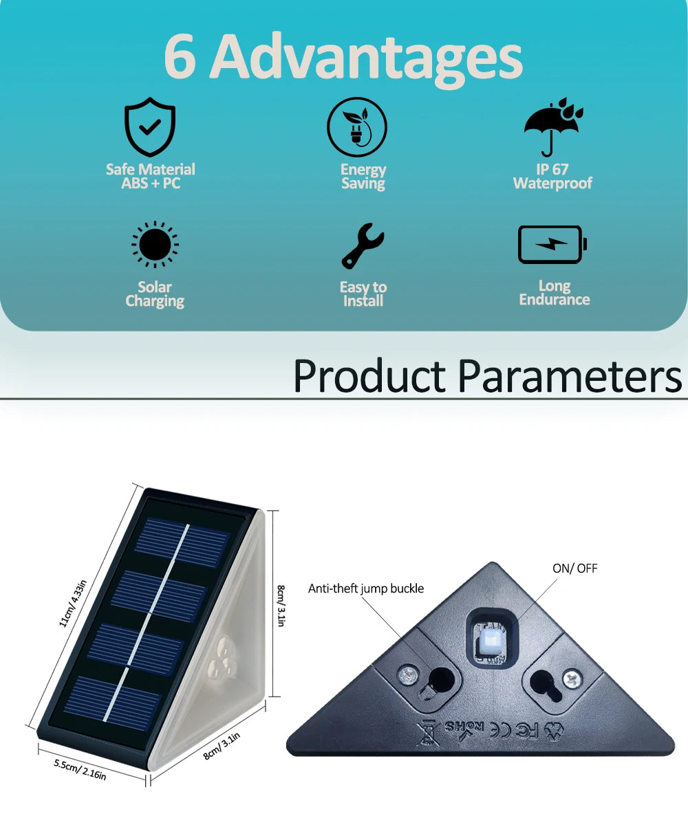 Outdoor Solar Step Lights Warm White RGB Triangle IP67 Waterproof Auto on Decoration Deck Lights for Patio Yard Driveway Porch