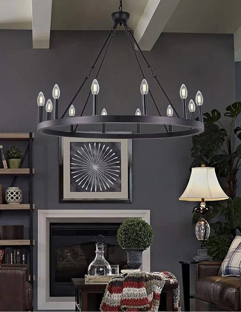 Retro Industrial Iron Round Black Living Room Chandelier Metallic Hanging Living Room Cafe Decoration Suspend Eld Pendant Lamp