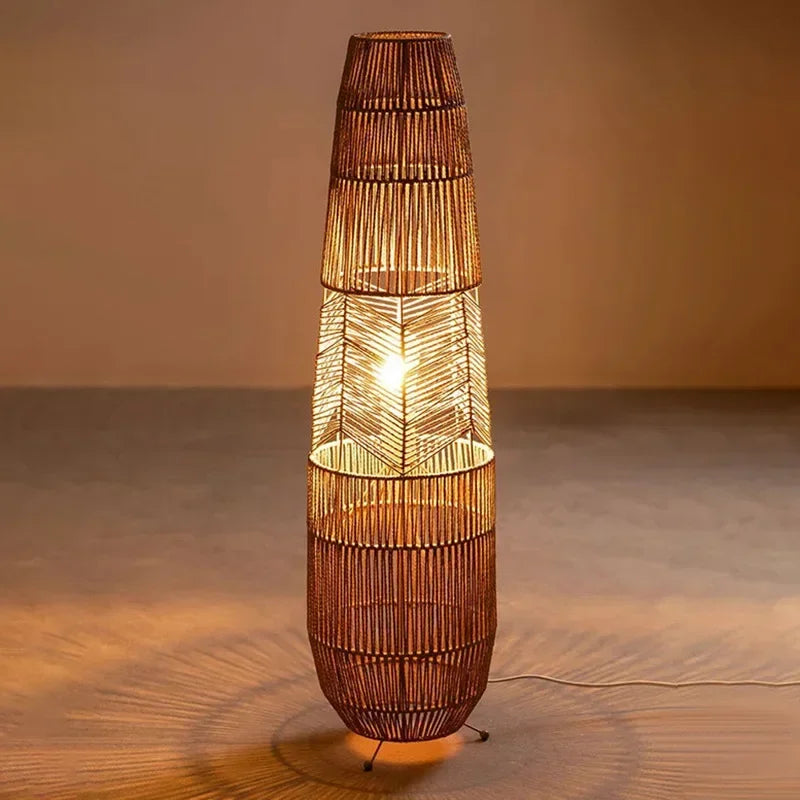 Vinatge Wicker Floor Lamp Retro Hemp Rope Lamp For Living Room Corner Bedroom Teahouse Decor LED Bedside Rattan Standing Lamp