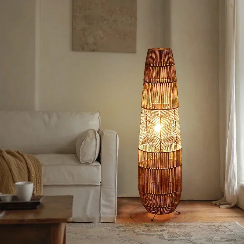 Vinatge Wicker Floor Lamp Retro Hemp Rope Lamp For Living Room Corner Bedroom Teahouse Decor LED Bedside Rattan Standing Lamp