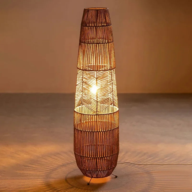 Vinatge Wicker Floor Lamp Retro Hemp Rope Lamp For Living Room Corner Bedroom Teahouse Decor LED Bedside Rattan Standing Lamp