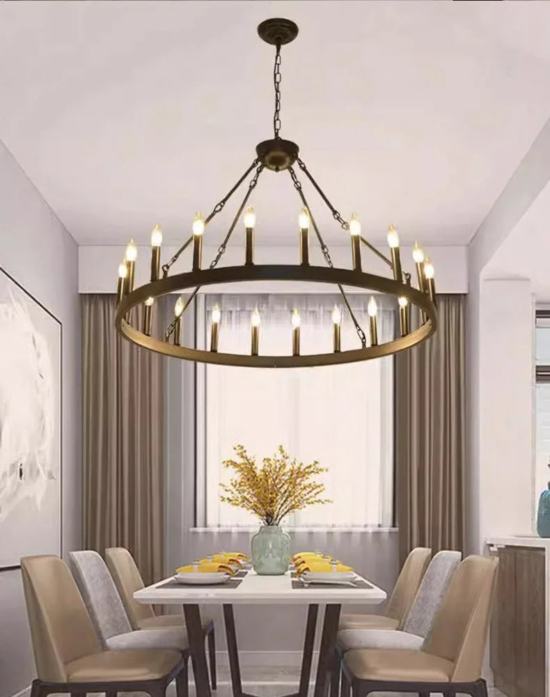 Retro Industrial Iron Round Black Living Room Chandelier Metallic Hanging Living Room Cafe Decoration Suspend Eld Pendant Lamp